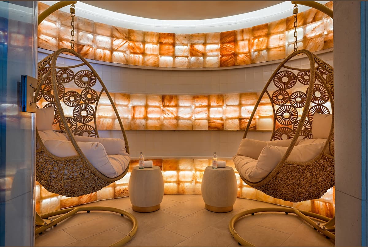 Salt lounge glowing with backlit salt brick