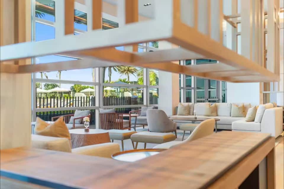 A resort bar with warm wood detailing
