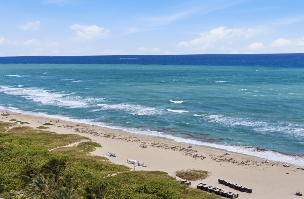 The surf line, sand and dunes of Singer Island seen from above